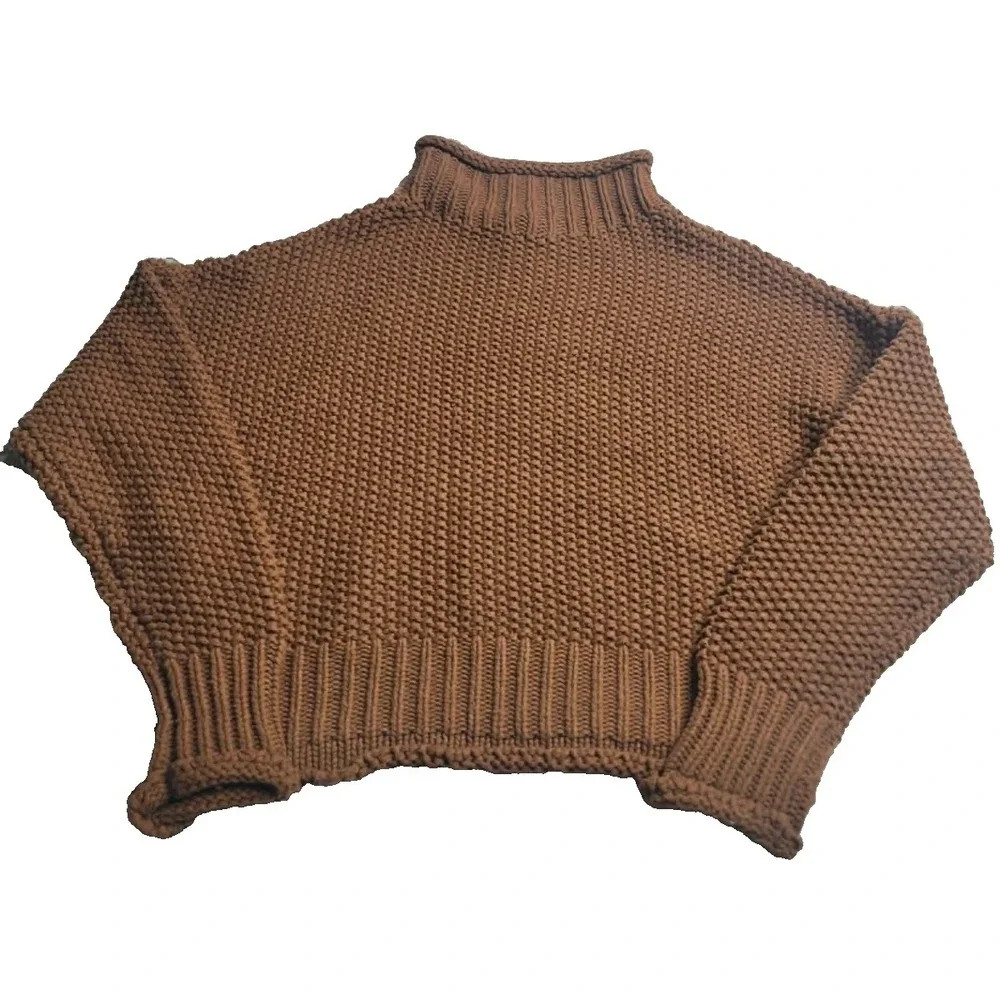 She + Sky Brown Mock Neck Chunky Knit Sweater‎ Women's Small 100% Cotton